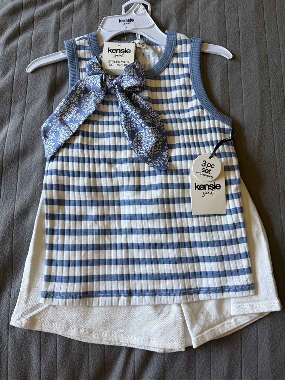 Kensie Girl Blue & White Striped Tank Top with Floral Neck Scarf